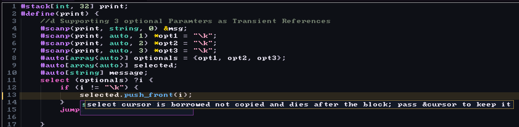 A CSSC function in the IDE with an inline analyzer warning reading: select cursor is borrowed not copied and dies after the block, pass ampersand cursor to keep it.