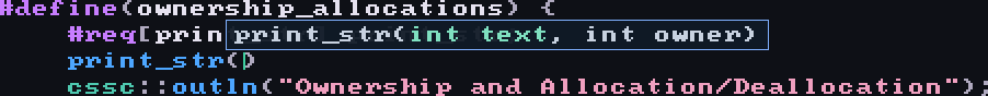 An argument hint showing print_str taking an int text and an int owner.
