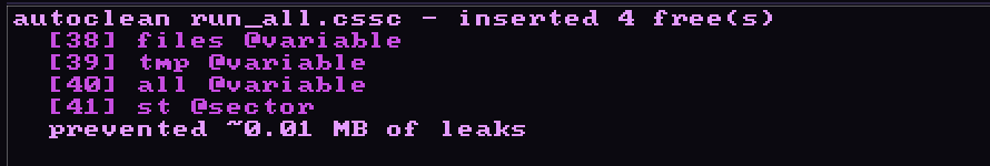 Terminal output reading: autoclean run_all.cssc, inserted 4 frees, listing lines 38 to 41, prevented about 0.01 MB of leaks.