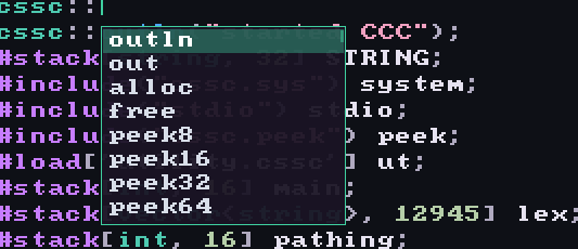 A completion list after typing cssc colon colon, offering outln, out, alloc, free, peek8, peek16, peek32 and peek64.