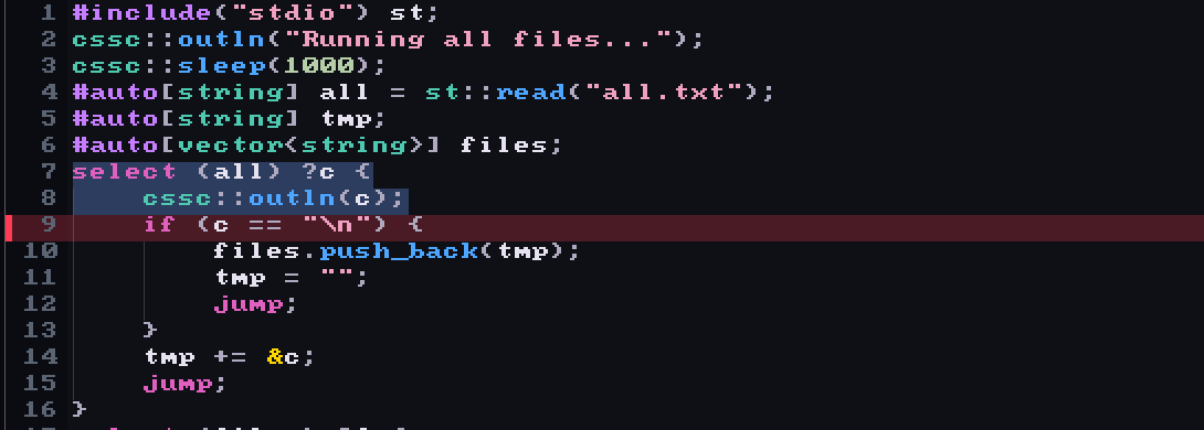 A running CSSC file where line 9 is highlighted red as the current line and lines 7 and 8 are blue as already executed.