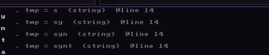 Tracking output showing tmp taking the values s, sy, syn and synt, each labelled with line 14.