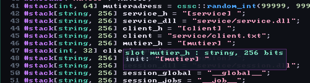 A hover box in the CSSC IDE reading: slot mutier_h, string, 256 bits, init open bracket mutier close bracket.